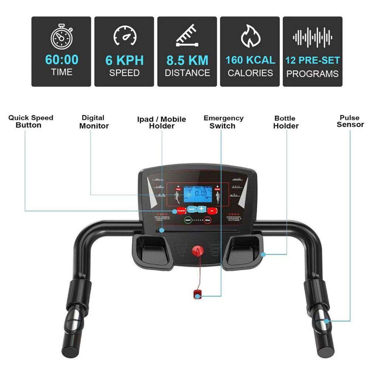 Running Treadmill Foldable Home Walking Electric Machine 9% Incline Gym Office