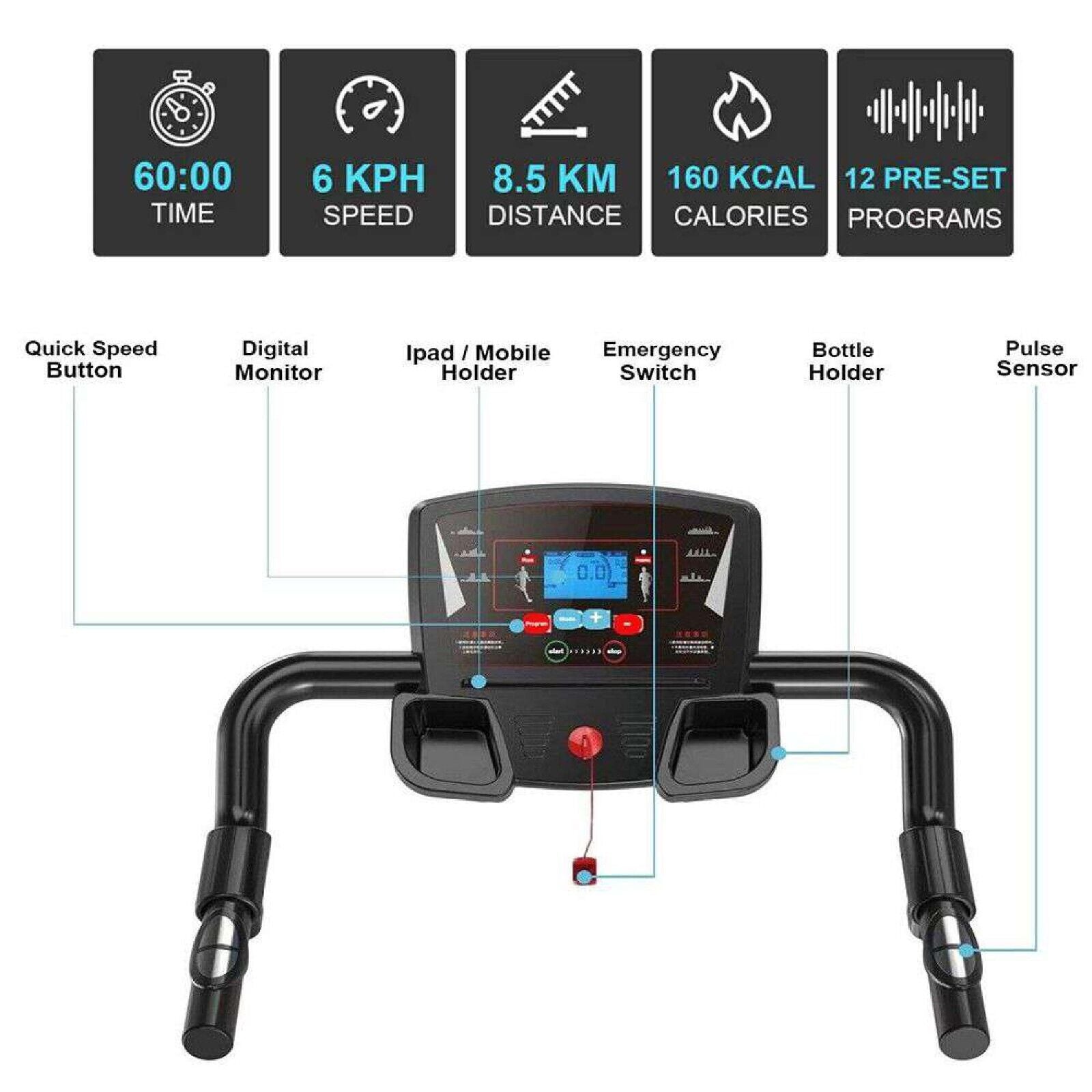 Running Treadmill Foldable Home Walking Electric Machine 9% Incline Gym Office