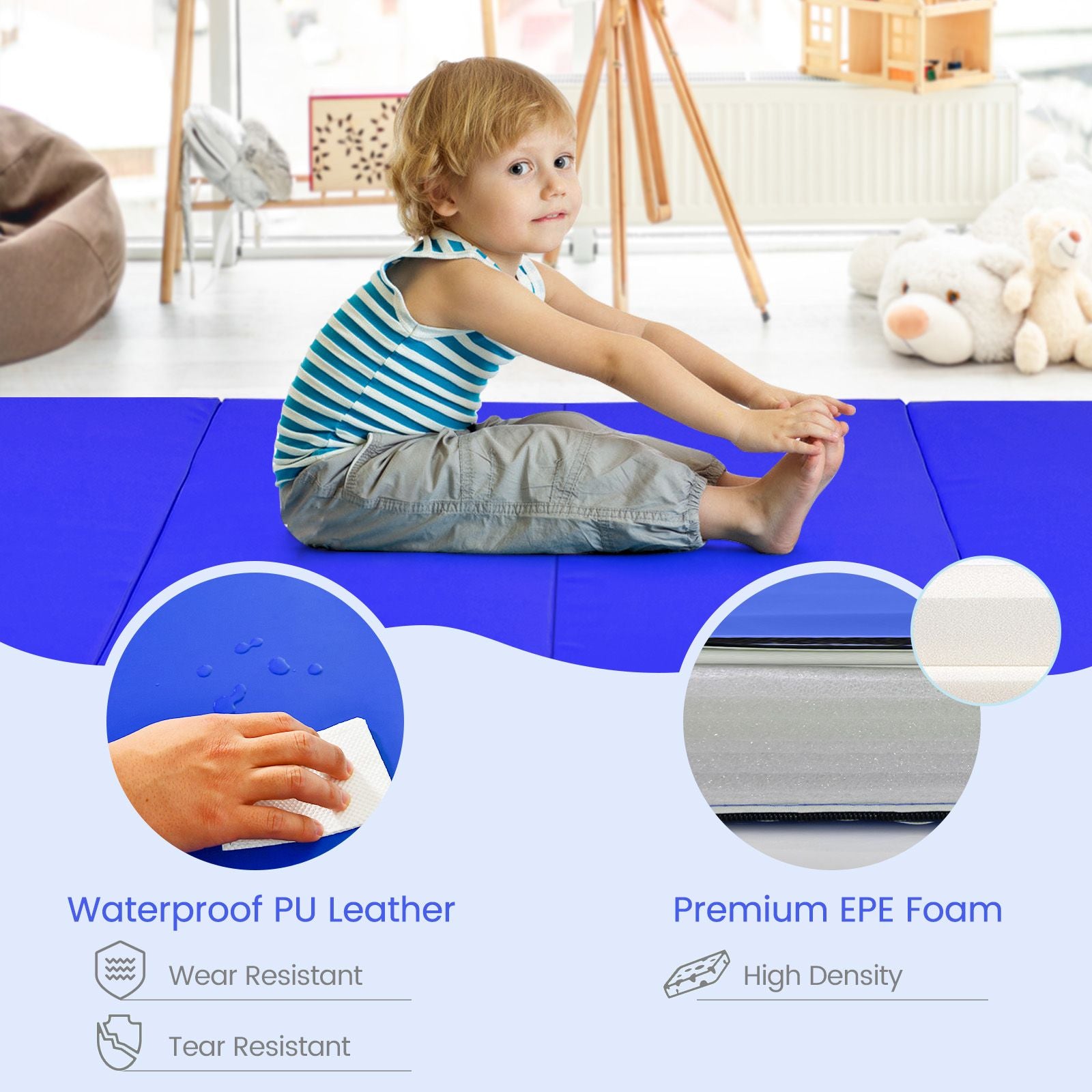 Folding Gymnastics Mat with Carry Handles Hook and Loop Fasteners