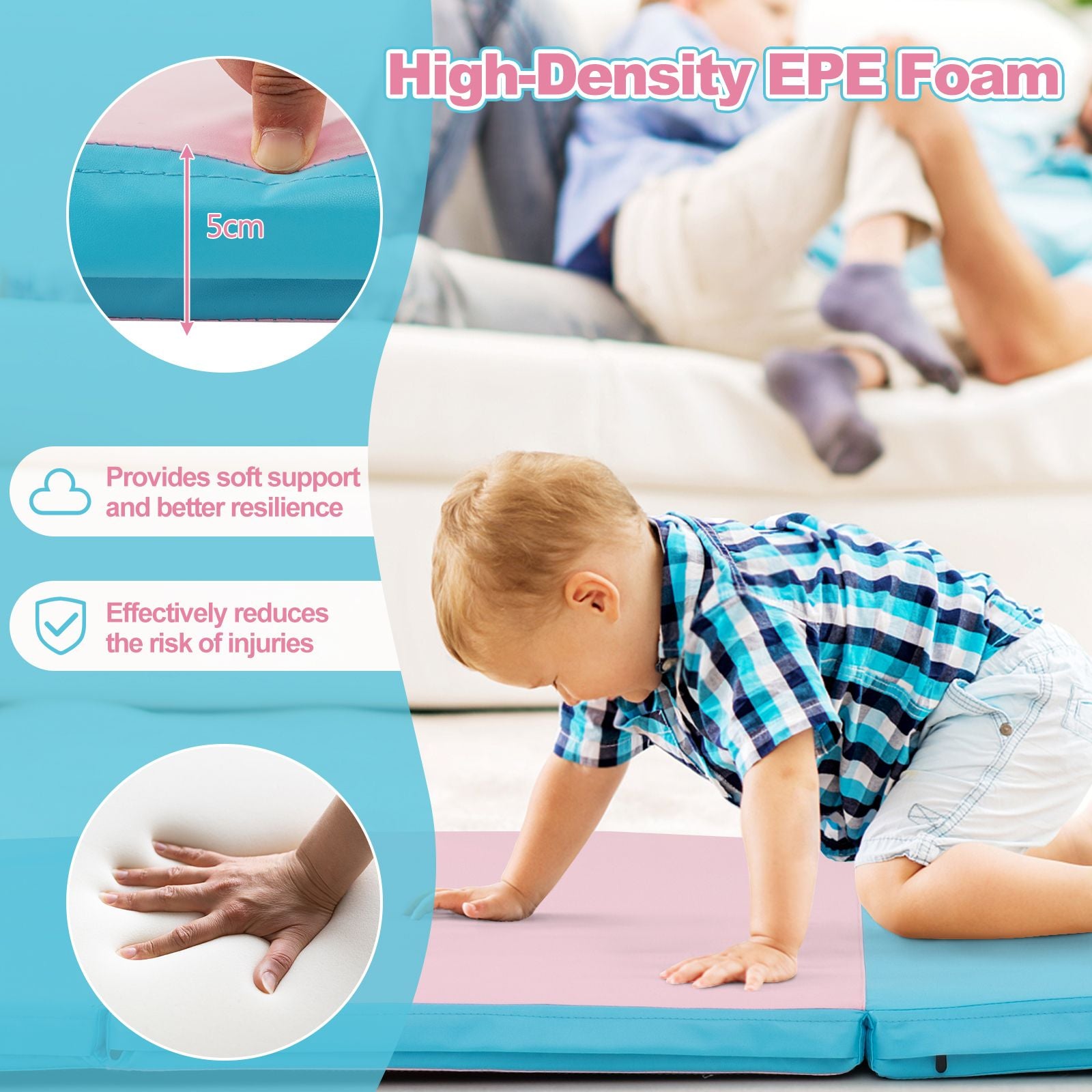 Folding Gymnastics Mat with Carry Handles Hook and Loop Fasteners