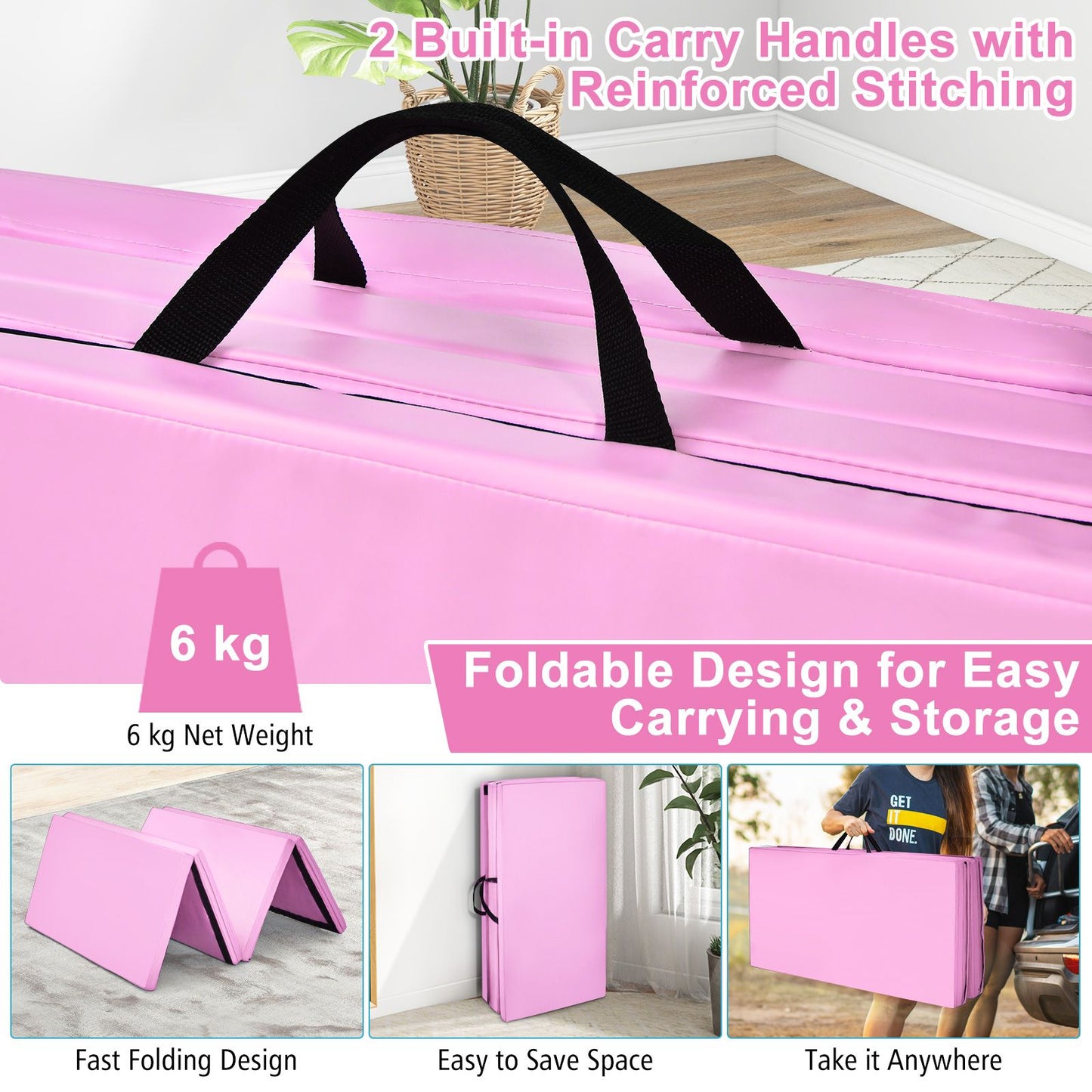 Folding Gymnastics Mat with Carry Handles Hook and Loop Fasteners