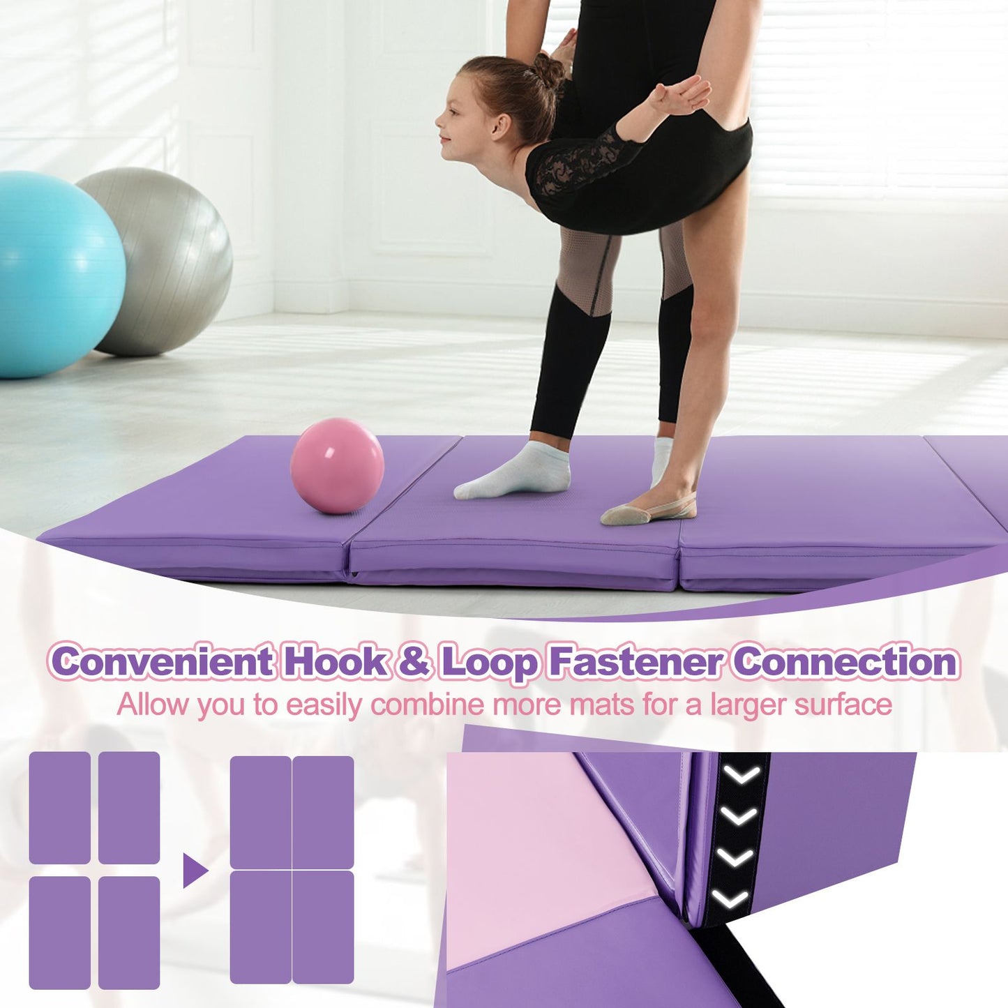 Folding Gymnastics Mat with Carry Handles Hook and Loop Fasteners