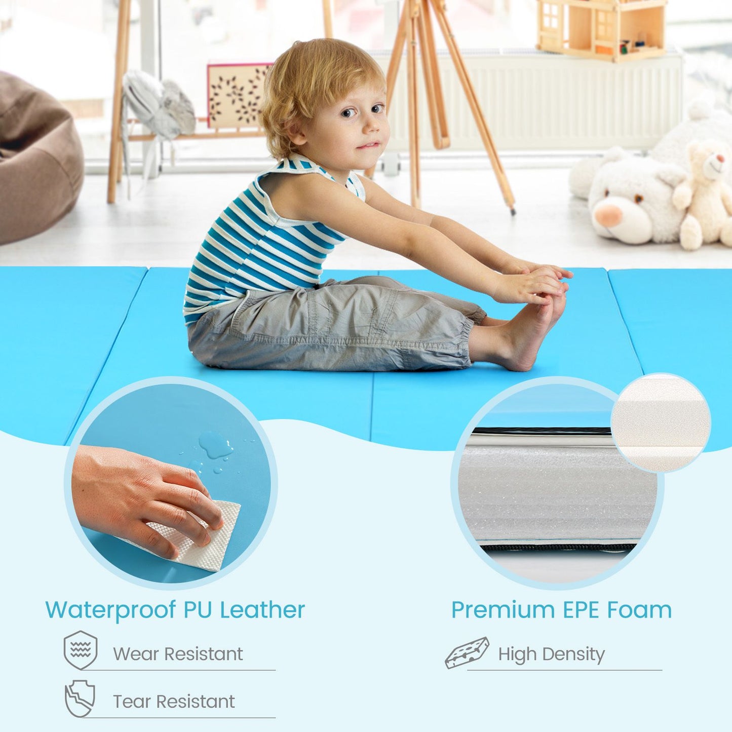 Folding Gymnastics Mat with Carry Handles Hook and Loop Fasteners